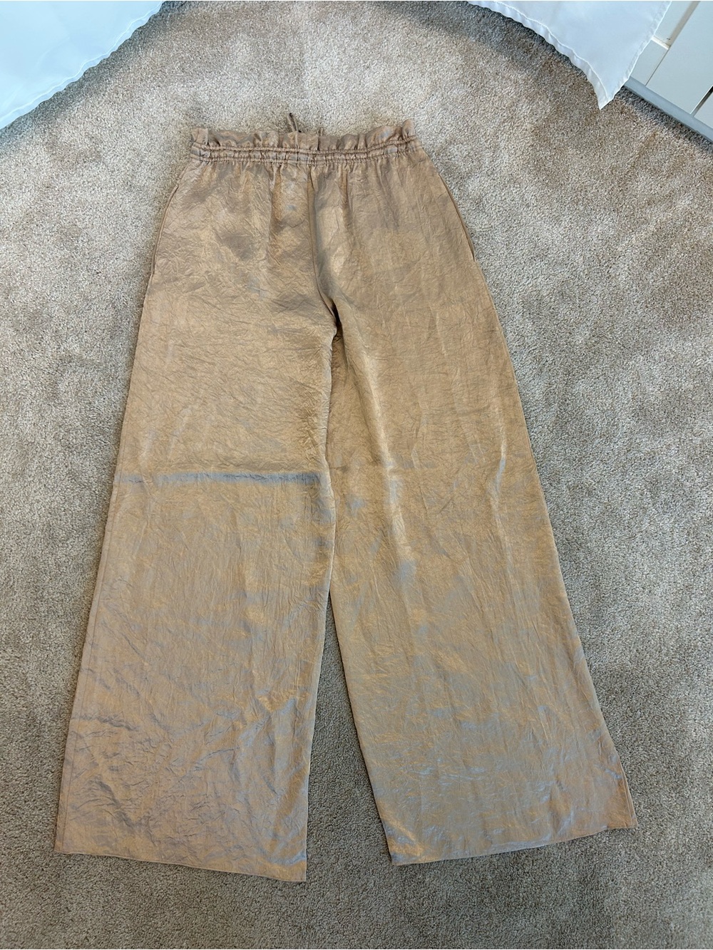 Zara ZW Collection Gold Satin Wide Leg Pants Metallic High Rise Drawstring M NWT - Picture 8 of 17